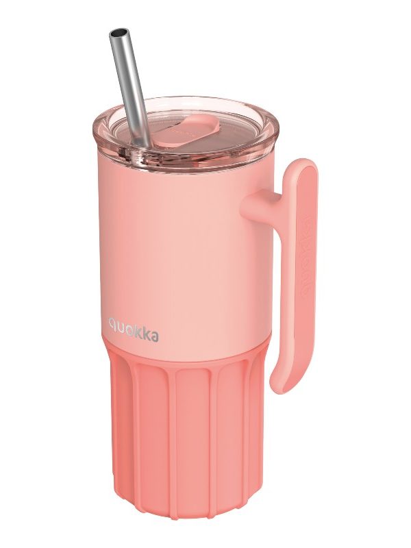 Quokka Umi - Termohrnek z nerezové oceli o objemu 720 ml s brčkem a silikonovým dnem (broskvově r...