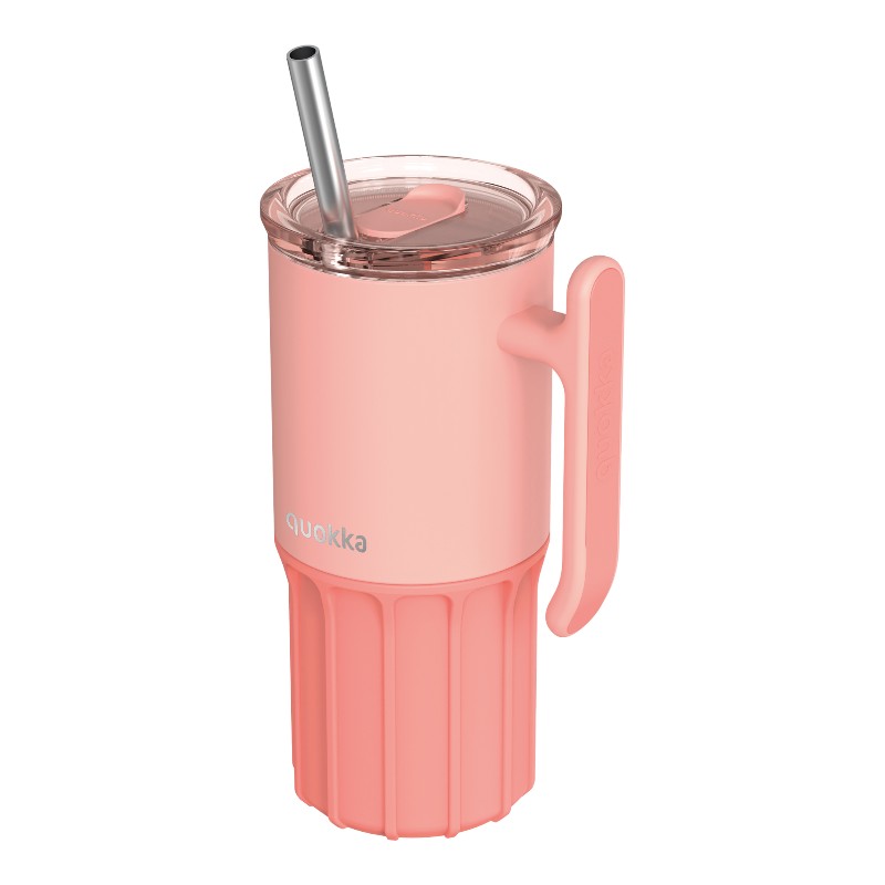 Quokka Umi - Termohrnek z nerezové oceli o objemu 720 ml s brčkem a silikonovým dnem (broskvově r...