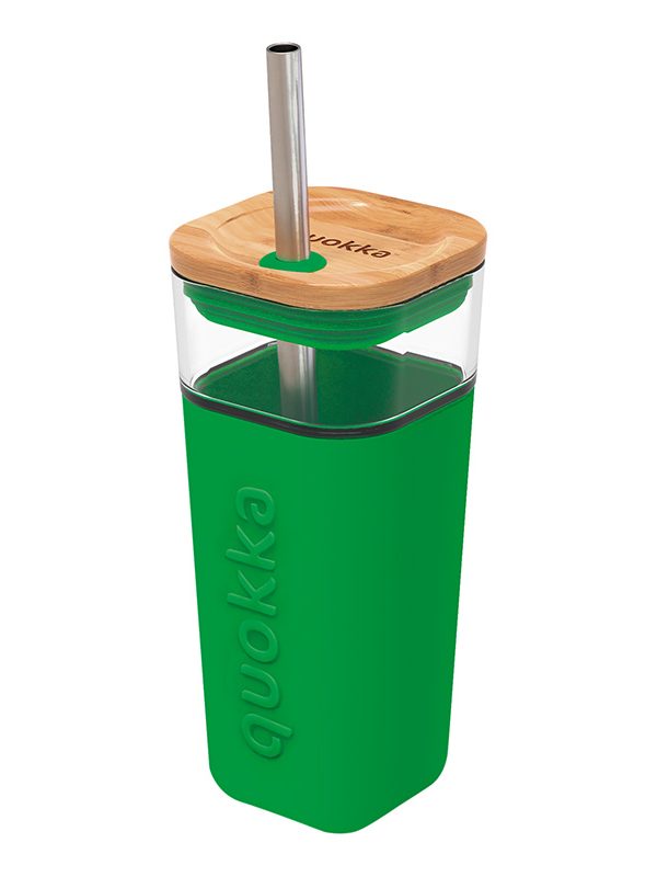 Quokka Liquid Cube - skleněný kelímek 540 ml s brčkem z nerezové oceli (zelený)