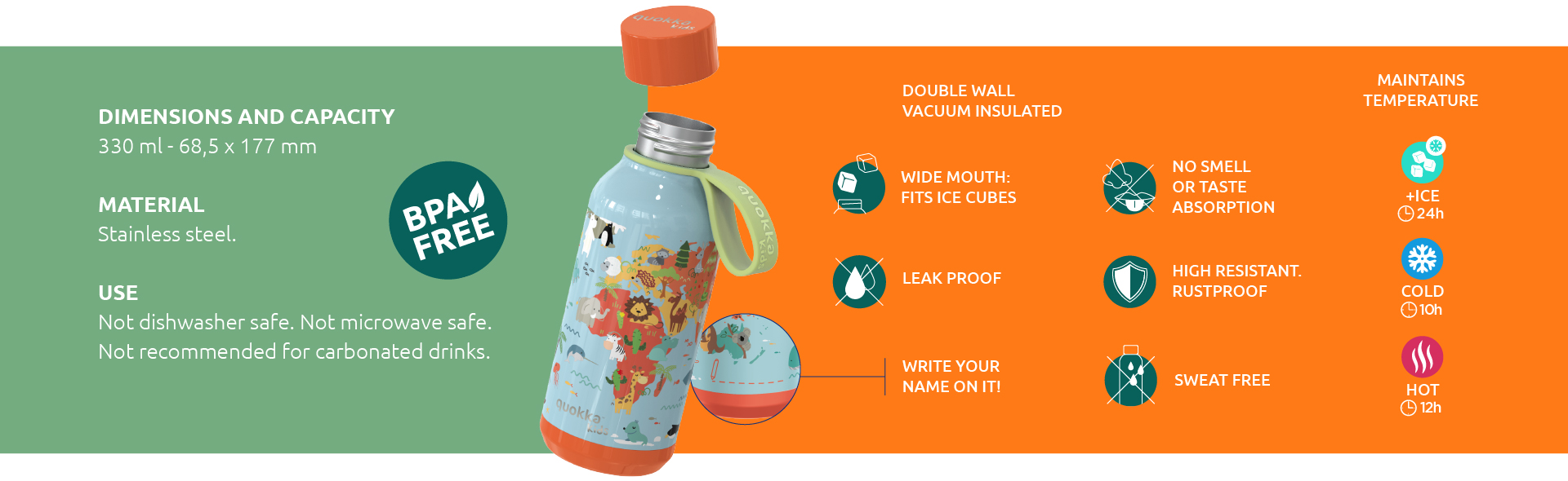Quokka Solid Kids s popruhem - Termoláhev z nerezové oceli 330 ml s popruhem - Image 3
